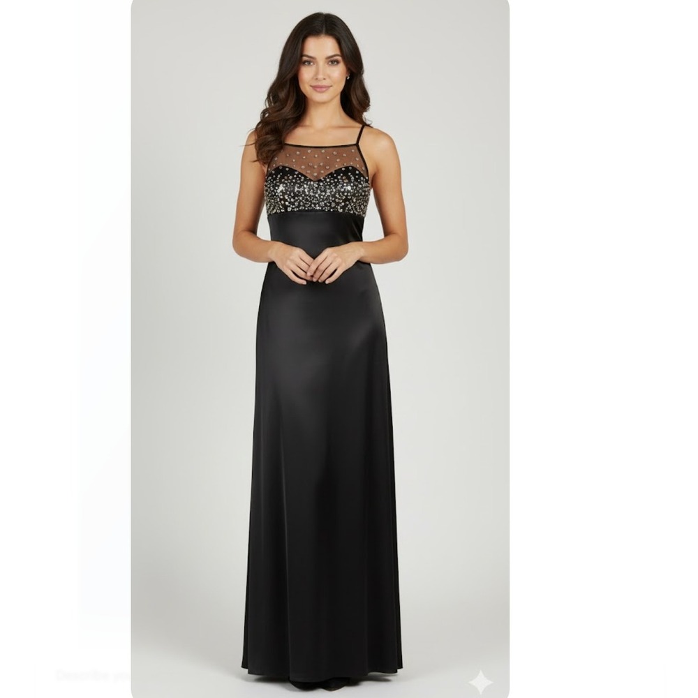 Vtg Y2K Morgan and Co. Black and Silver Beaded Maxi Dress Party‎ Formal Prom